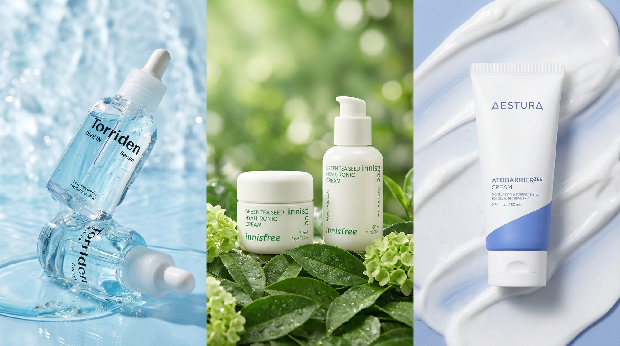 left - Torriden Dive-In Serum / center - Innisfree Green Tea Seed Hyaluronic Serum / right - Aestura Atobarrier 365 Cream